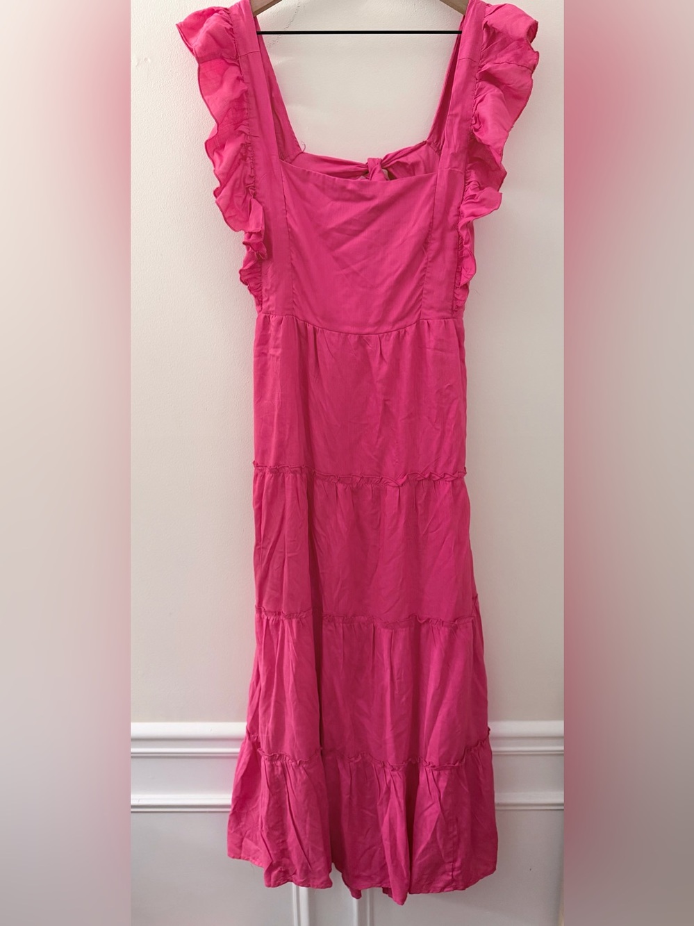 BEYOND WORDS Women’s pink ruffle Smocked Tiered Maxi Dress Size XL NEW